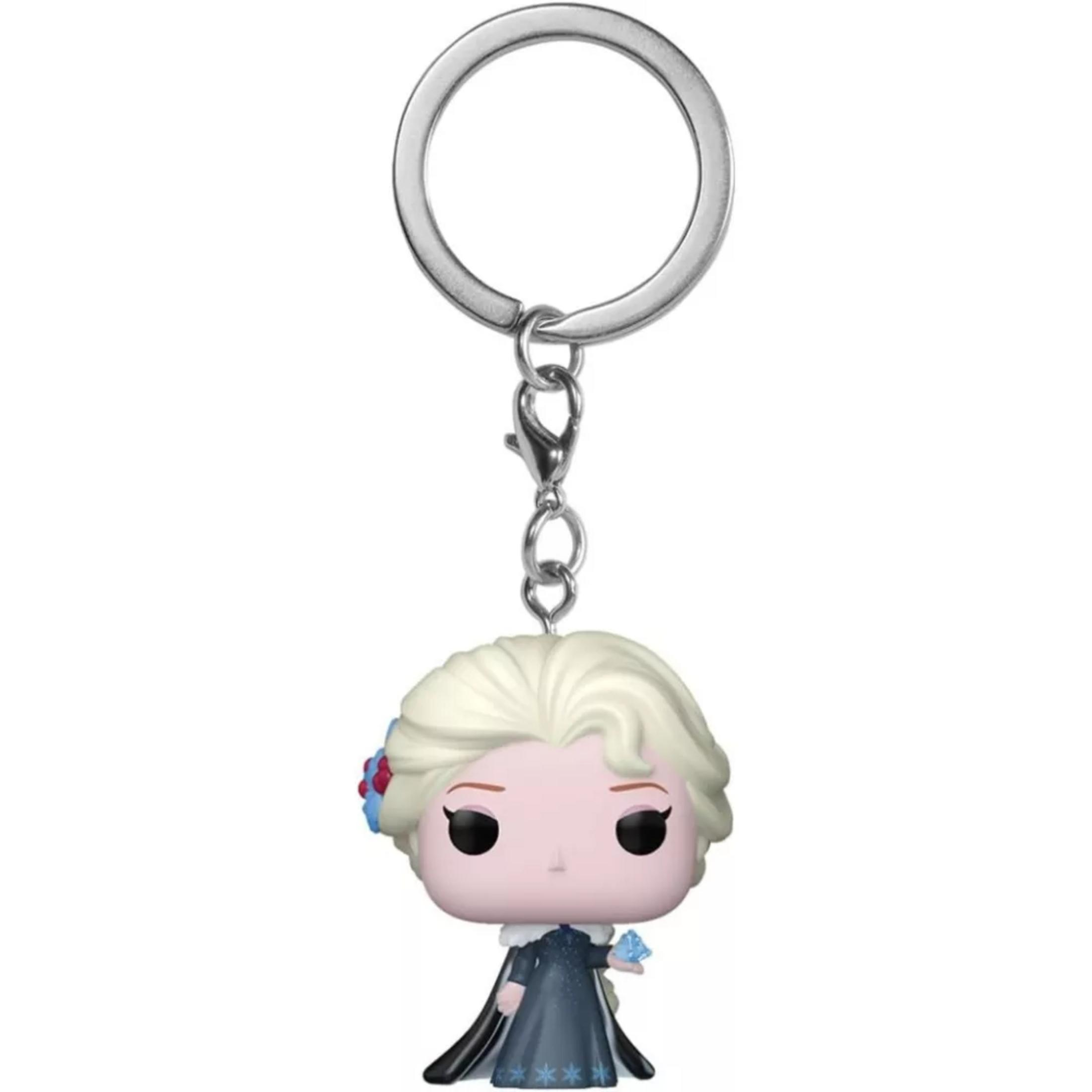 Llavero con una figura estilizada de Elsa con un vestido azul oscuro y cuello blanco.