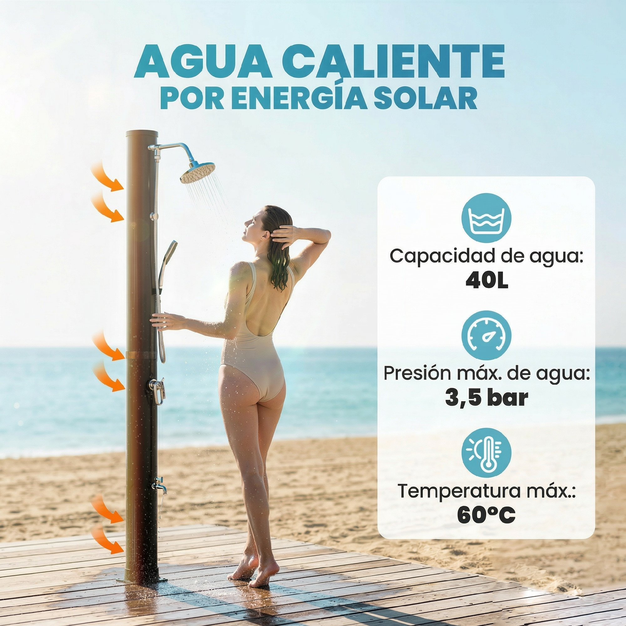 Una donna fa la doccia all'aperto con una doccia solare in spiaggia, con icone e testo su capacità, pressione e temperatura.