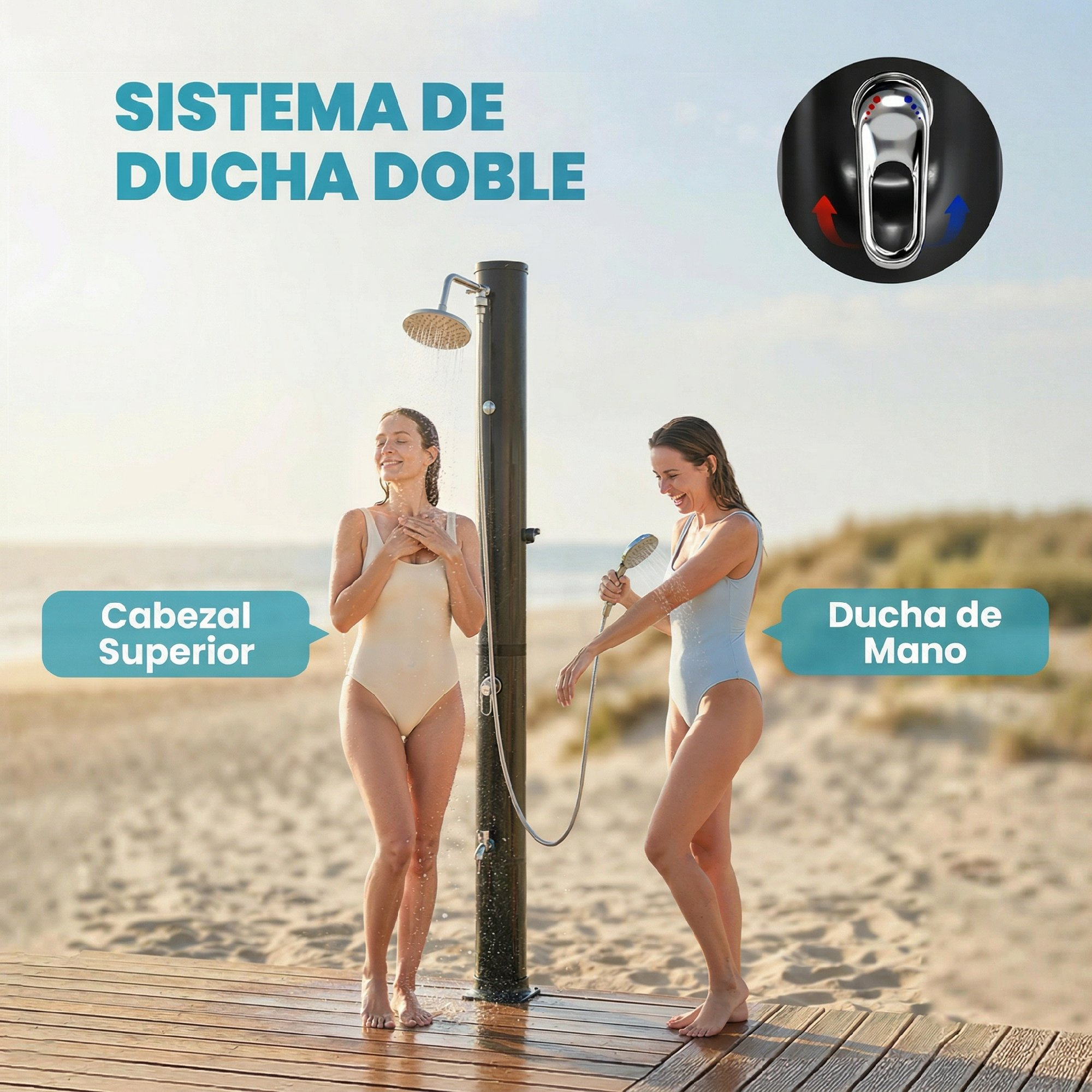 Due donne che usano una doccia esterna su una terrazza in legno in spiaggia, con etichette per doccia e doccetta.
