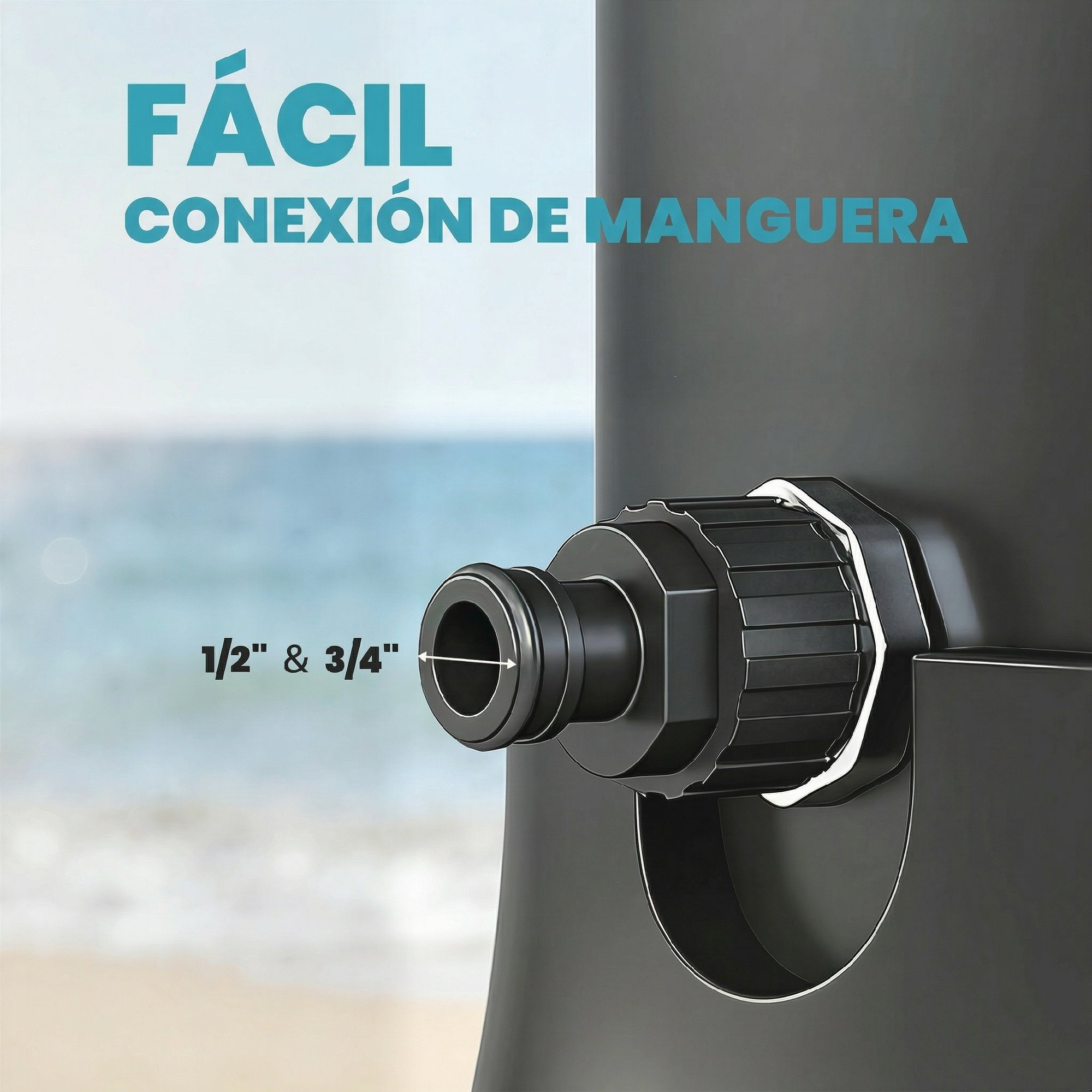Raccordo per tubo nero da 1/2 e 3/4 di pollice su sfondo di spiaggia sfocato.