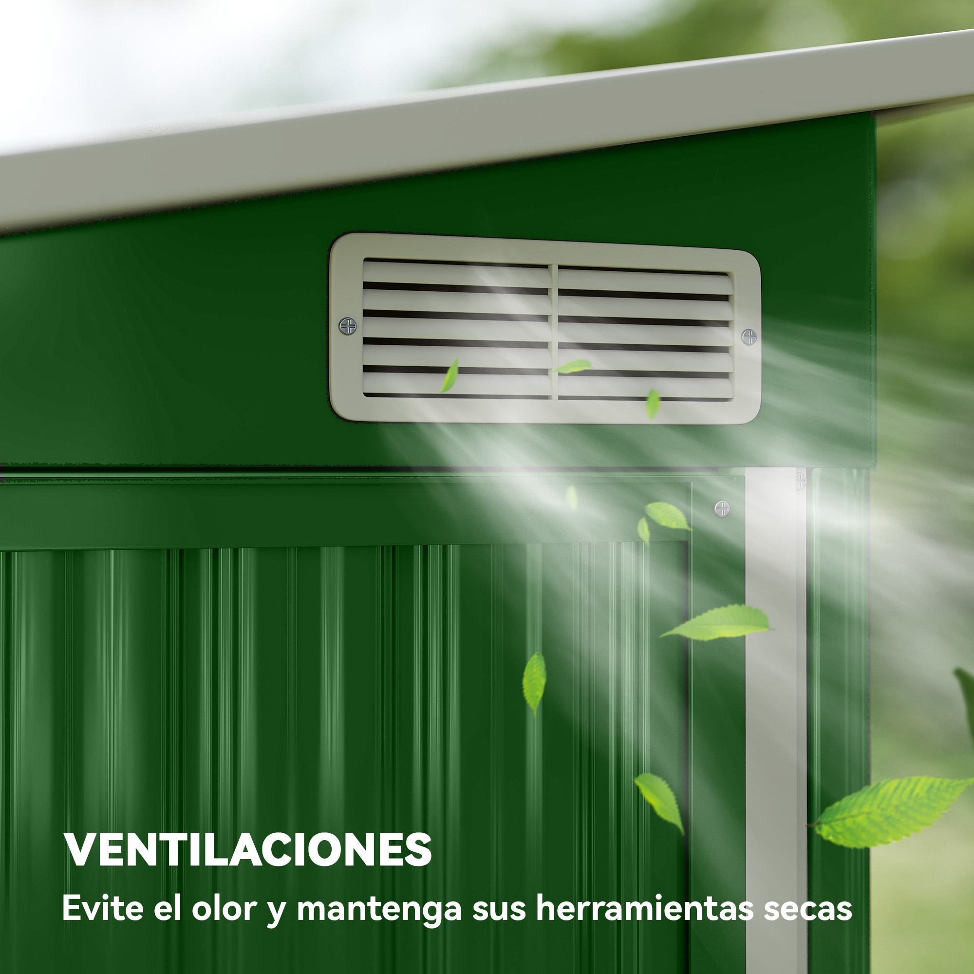 Parete di capannone verde con sfiato bianco, correnti d'aria luminose e foglie vorticose.