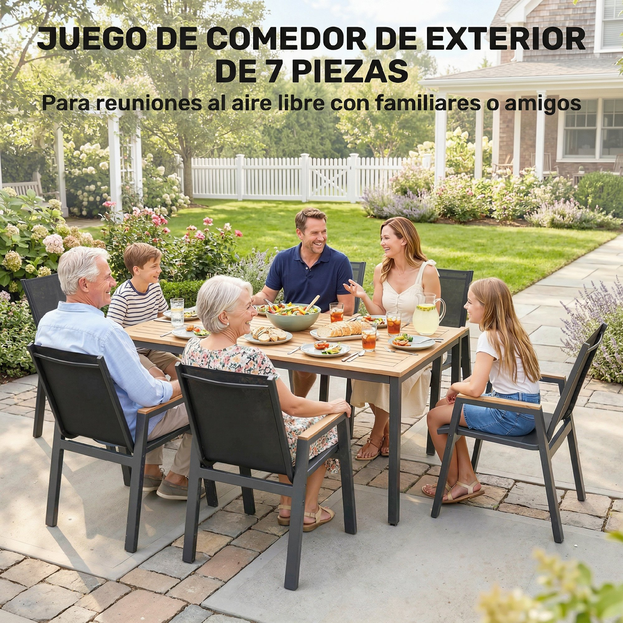 Una famiglia consuma un pasto a un tavolo di legno in un giardino soleggiato.