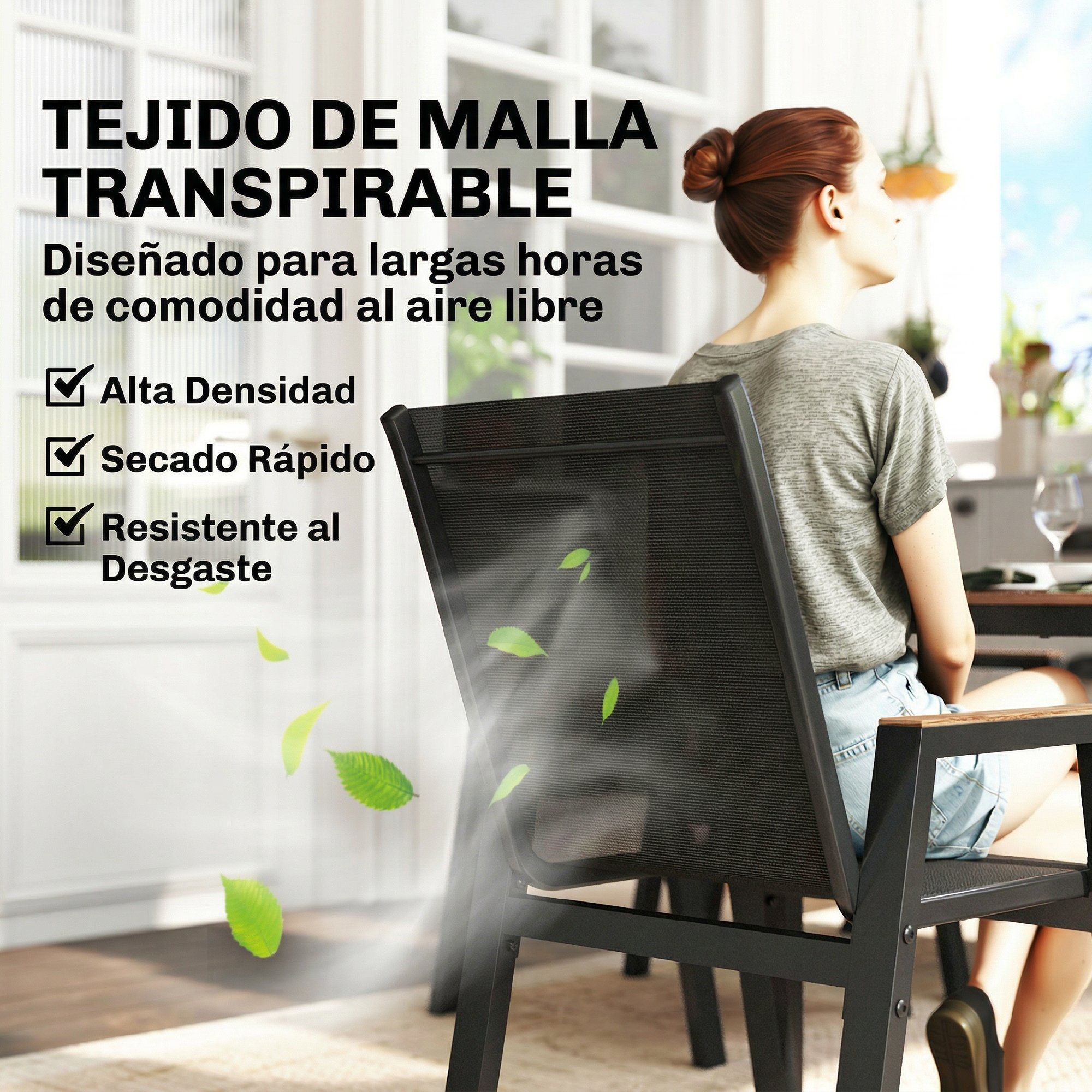 Una donna siede su una sedia moderna in tessuto a rete traspirante, con testo in spagnolo.