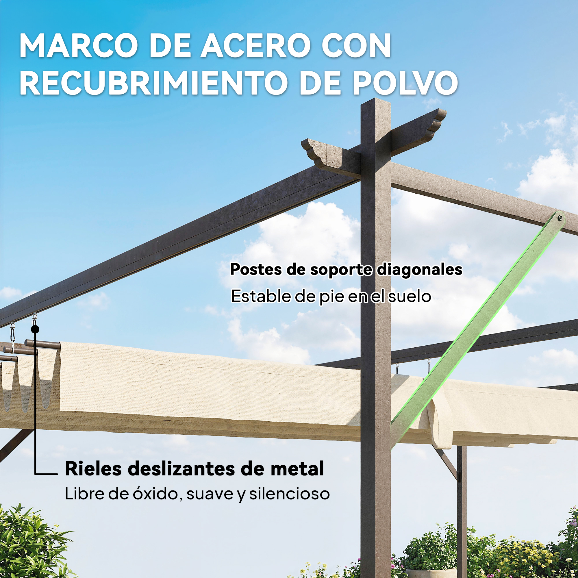 Pergola con telaio in acciaio, tenda beige e testo.