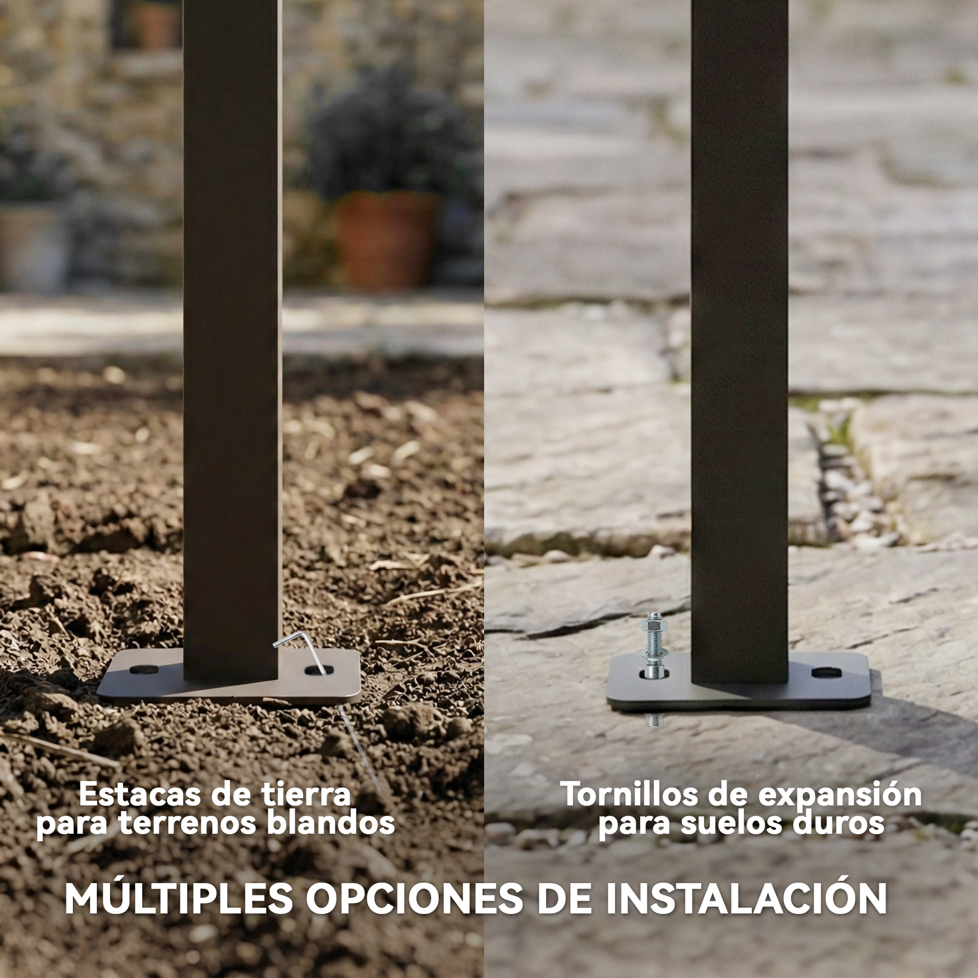 Due opzioni di installazione: picchetti da terra per terreni morbidi e viti ad espansione per pavimenti duri.