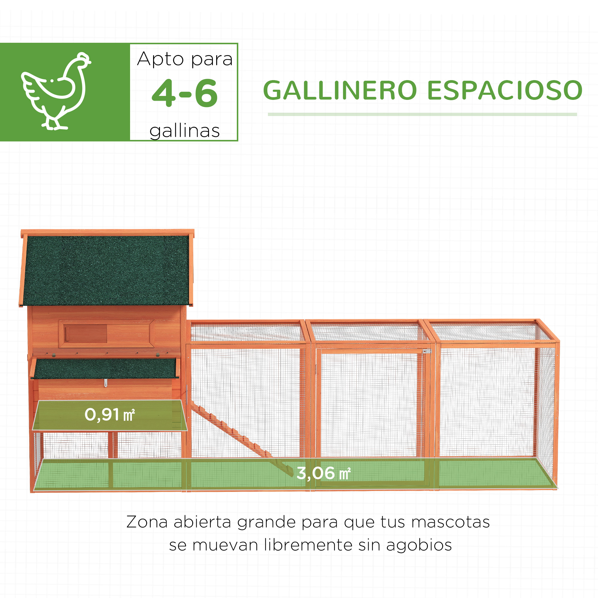 Spazioso pollaio in legno con tetto verde e tre recinti in rete per 4-6 galline.