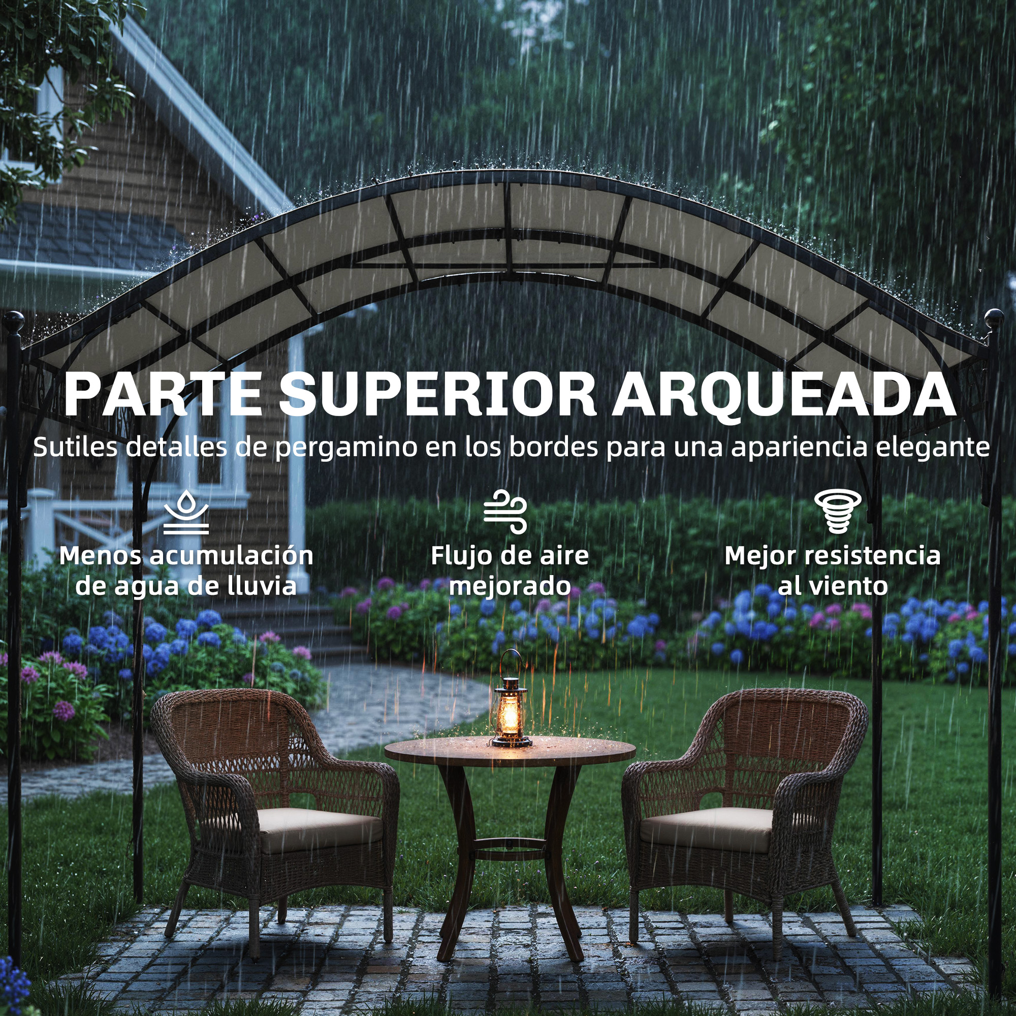 Gazebo da giardino sotto la pioggia con due poltrone in vimini, un tavolino con lanterna e testi.