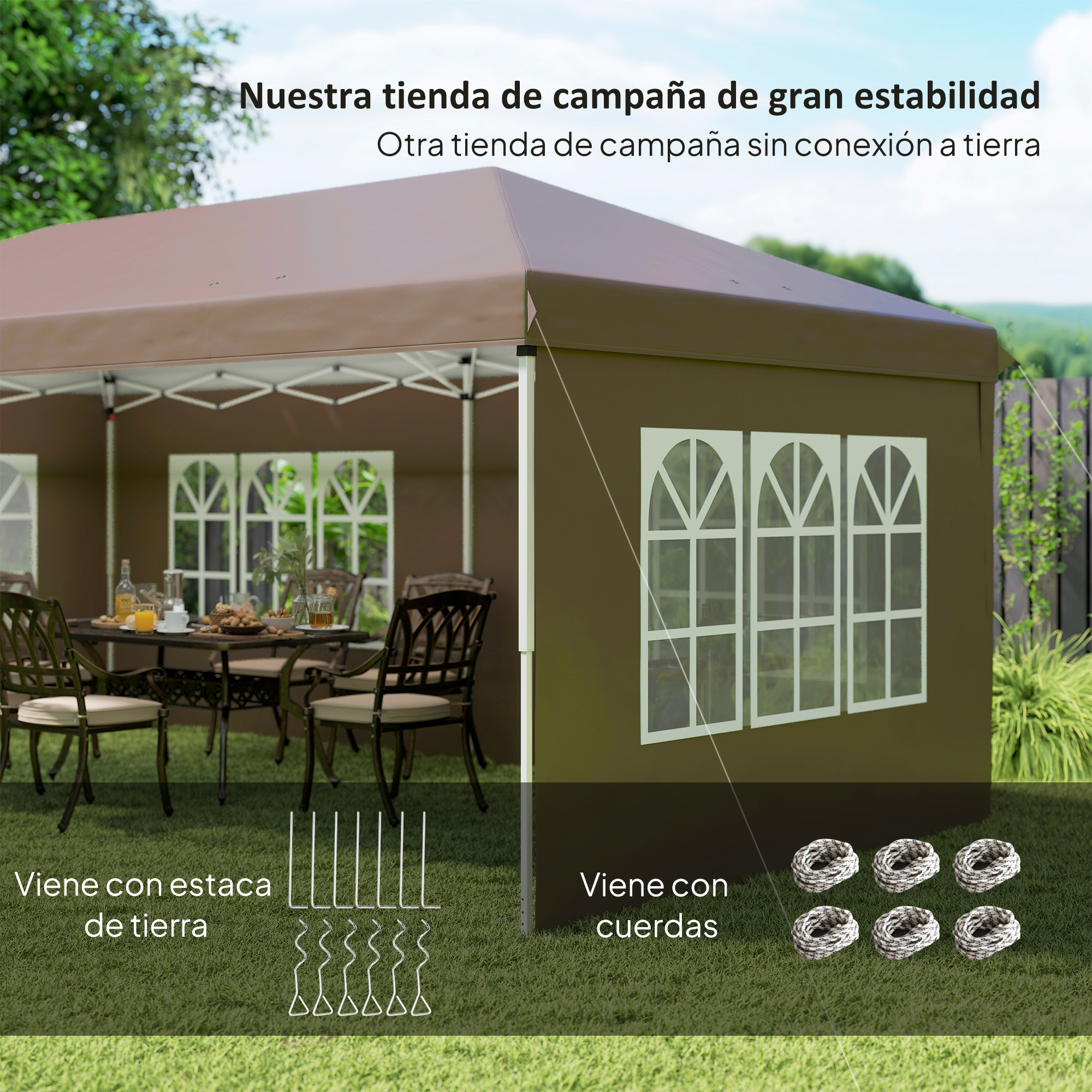Gazebo marrone con finestre in giardino, tavolo, picchetti e corde.