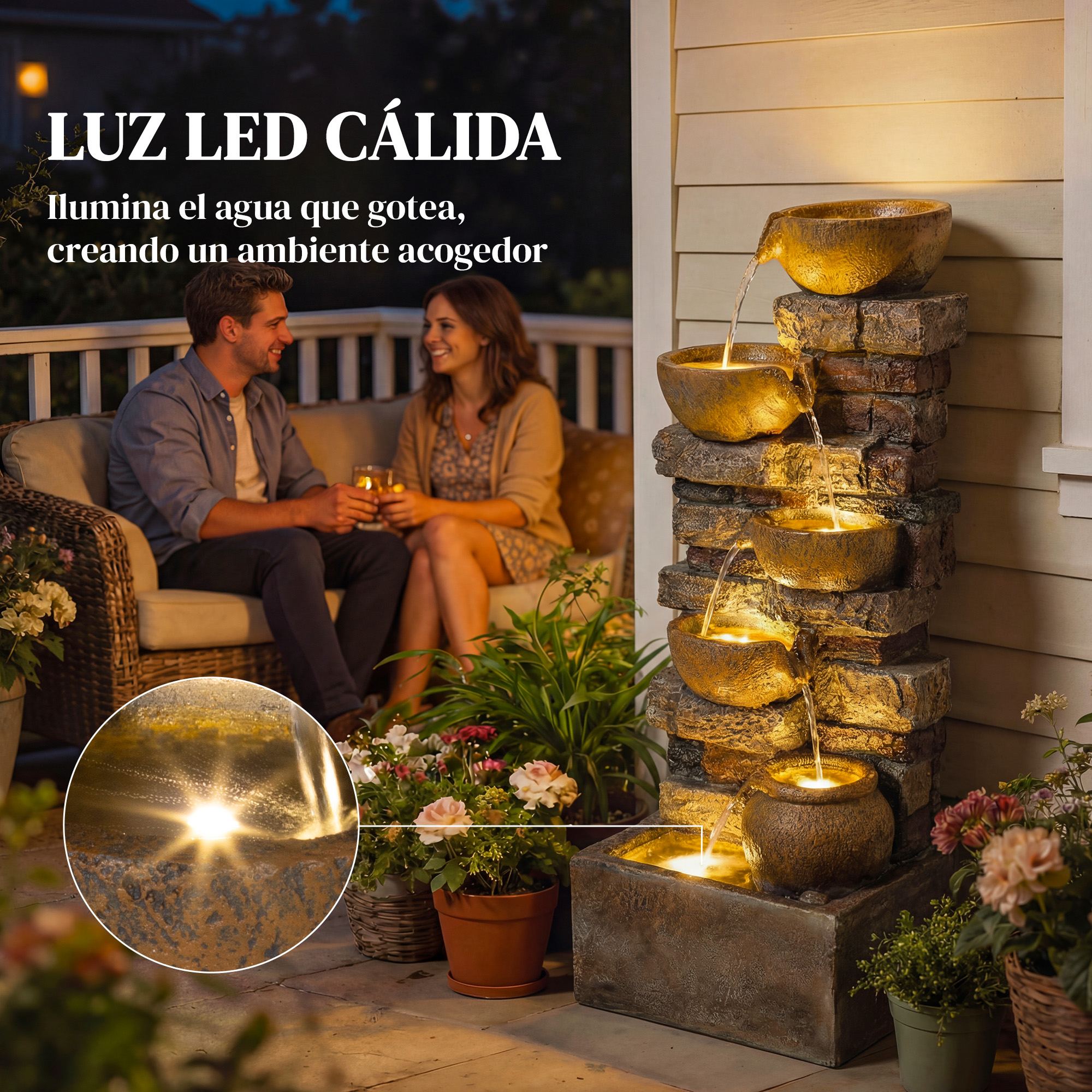 Una fontana da giardino in pietra illuminata in patio, con una felice coppia sullo sfondo.