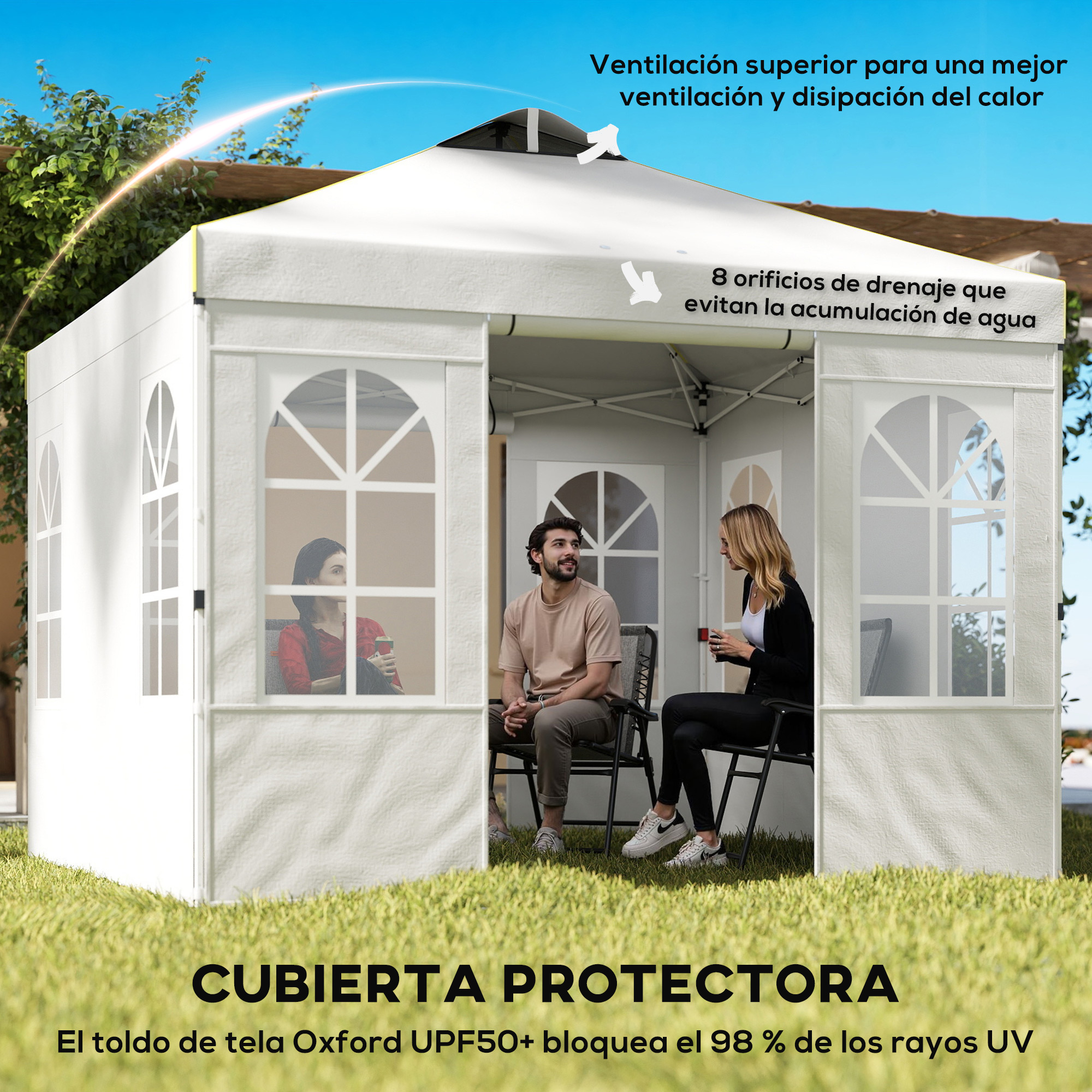Gazebo da giardino bianco su prato con tre persone all'interno e testo in spagnolo.