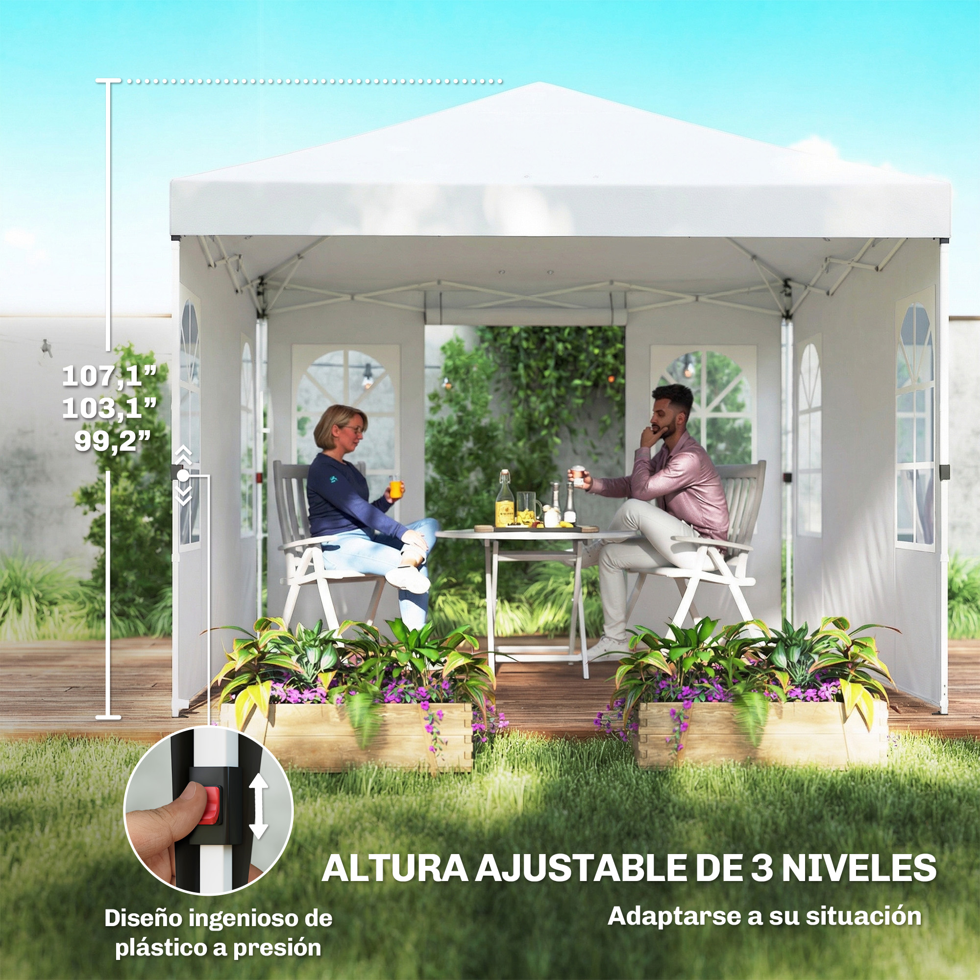 Un gazebo bianco su un patio con una coppia seduta, fioriere davanti e misure di altezza sul lato.