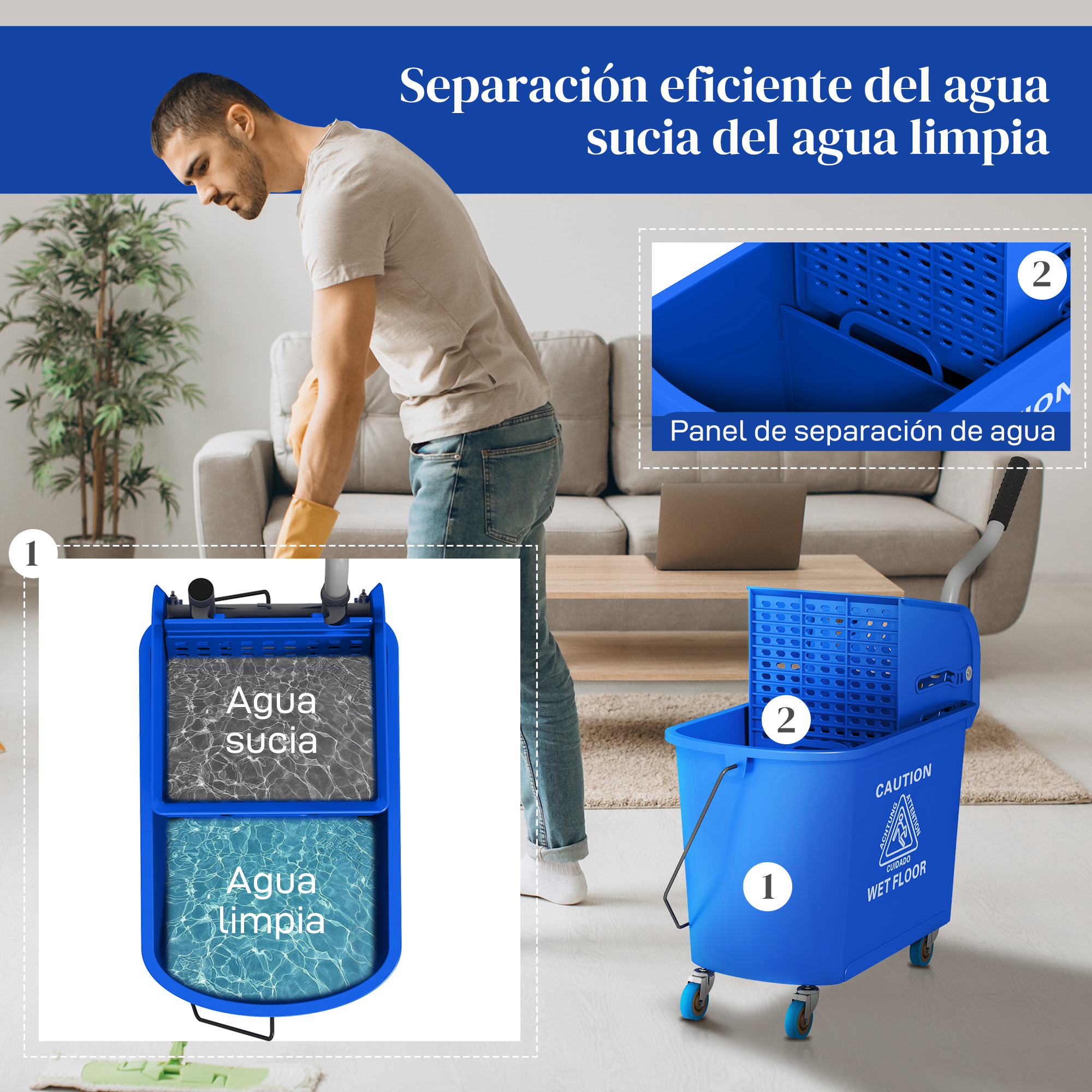 Un uomo lava il pavimento accanto a un secchio per mocio blu con scomparti separati per acqua sporca e pulita.