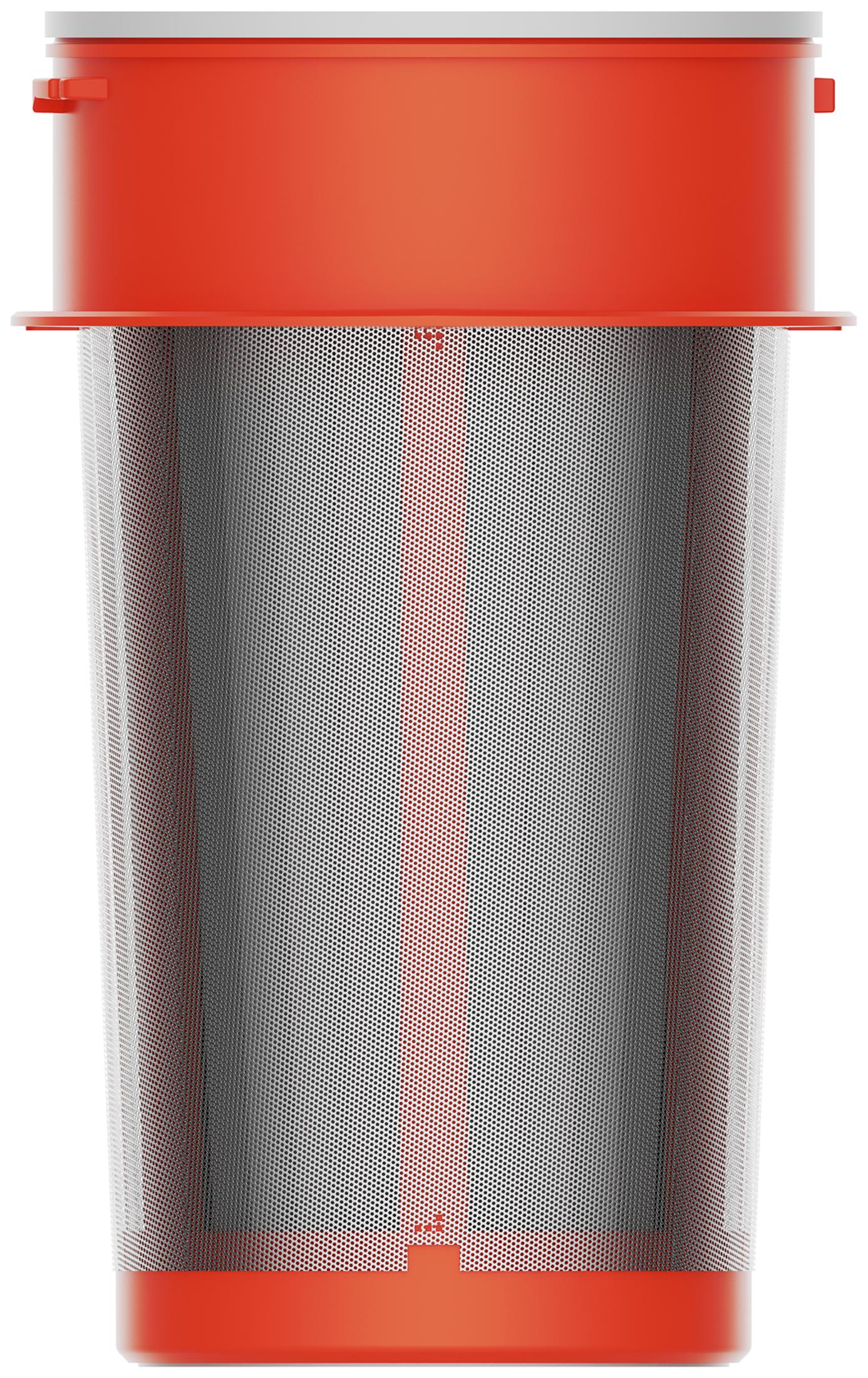 Ein zylindrischer Filter mit rotem Rand und feinem silbernem Netz auf einem weißen Hintergrund.