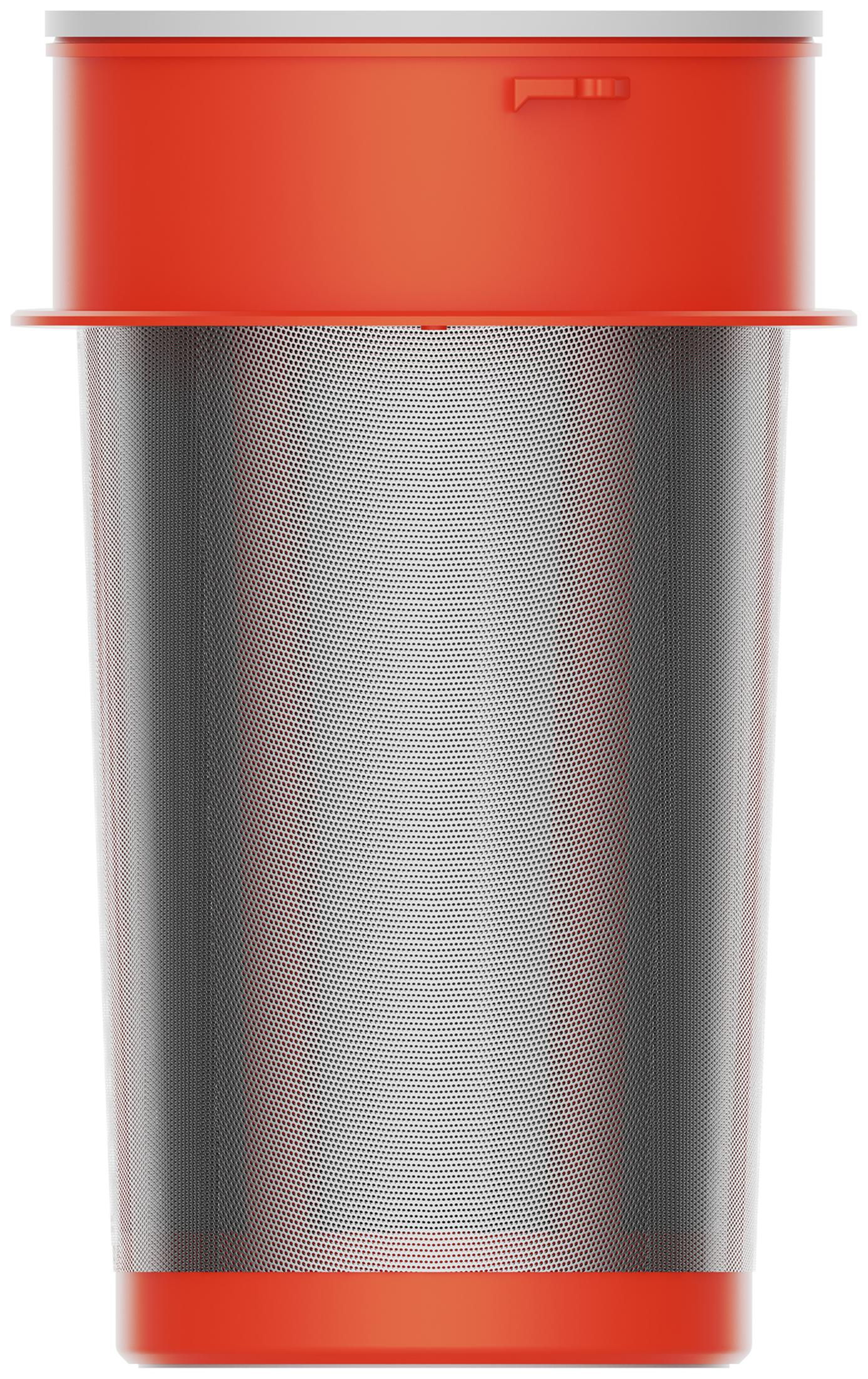 Ein zylindrischer Feinsieb aus Metall mit einem roten Plastikrand und Deckel.