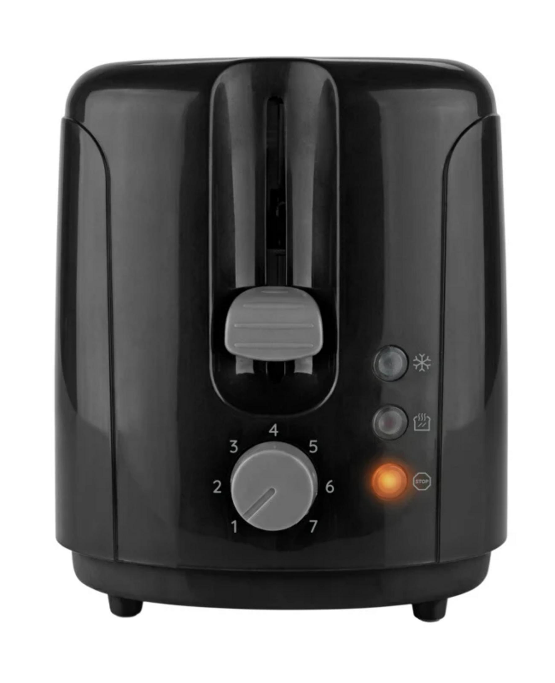 Ein schwarzer Toaster mit einem grauen Hebel, einem Biegungsregler und einer leuchtenden orangen Stopptaste.