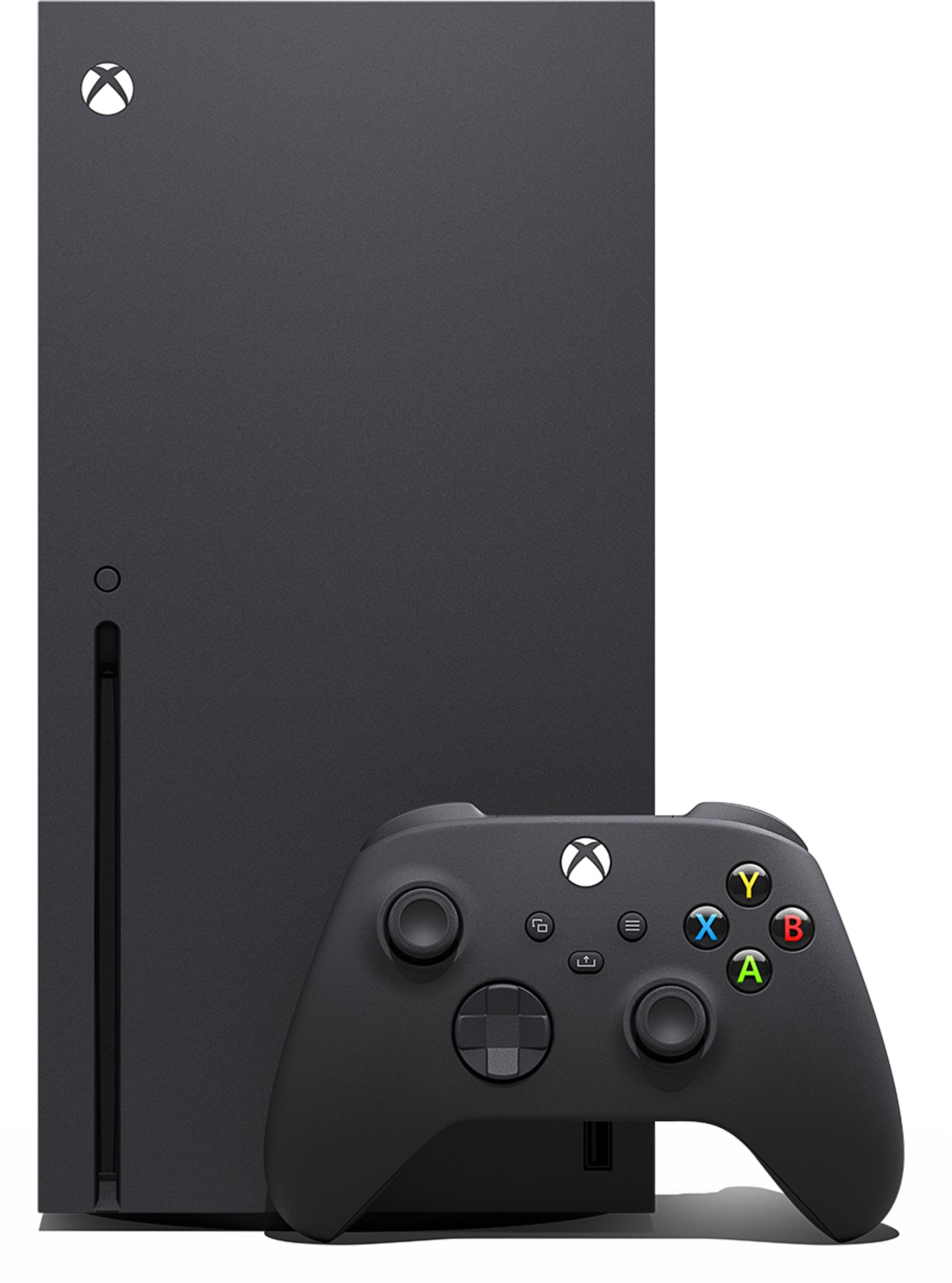 Czarna konsola Xbox Series X z bezprzewodowym kontrolerem z przodu na białym tle.