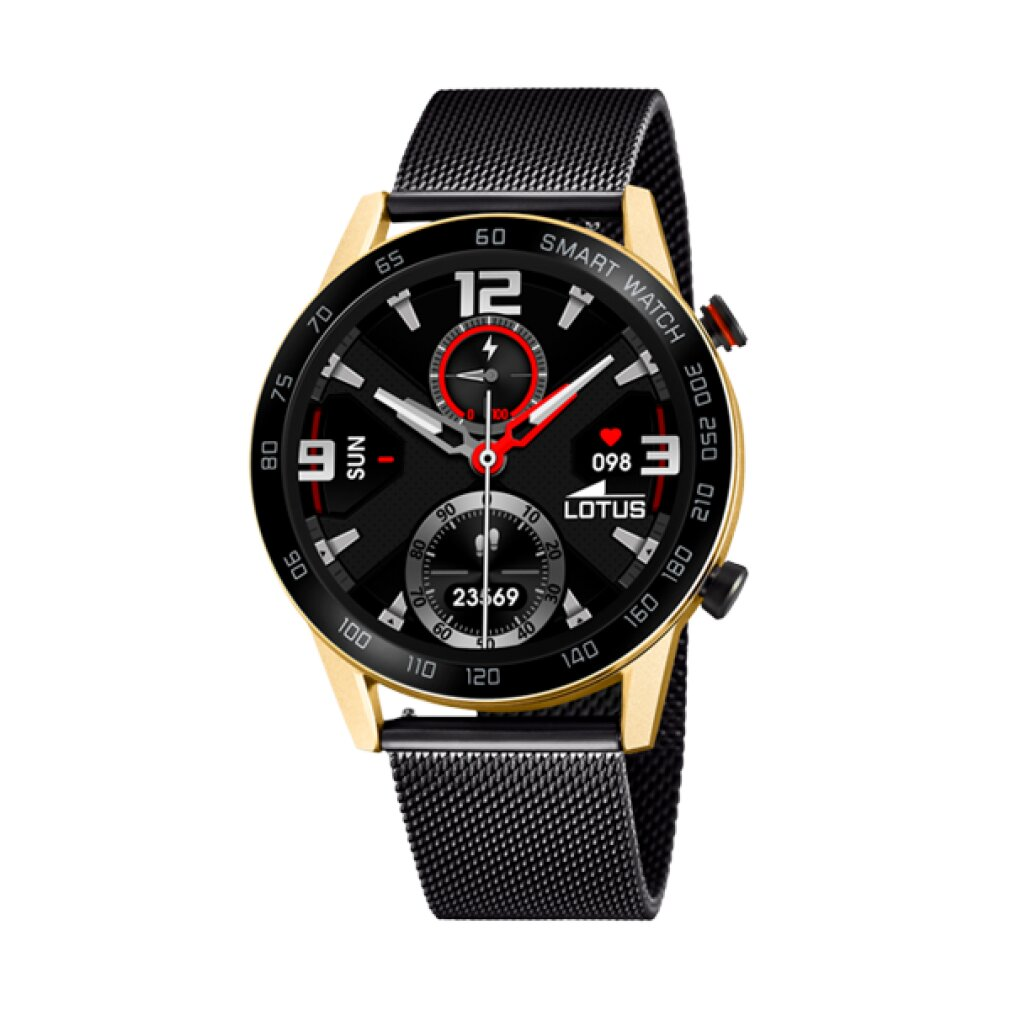 Goldfarbene Lotus Smartwatch mit schwarzem Zifferblatt und schwarzem Milanaise-Armband.