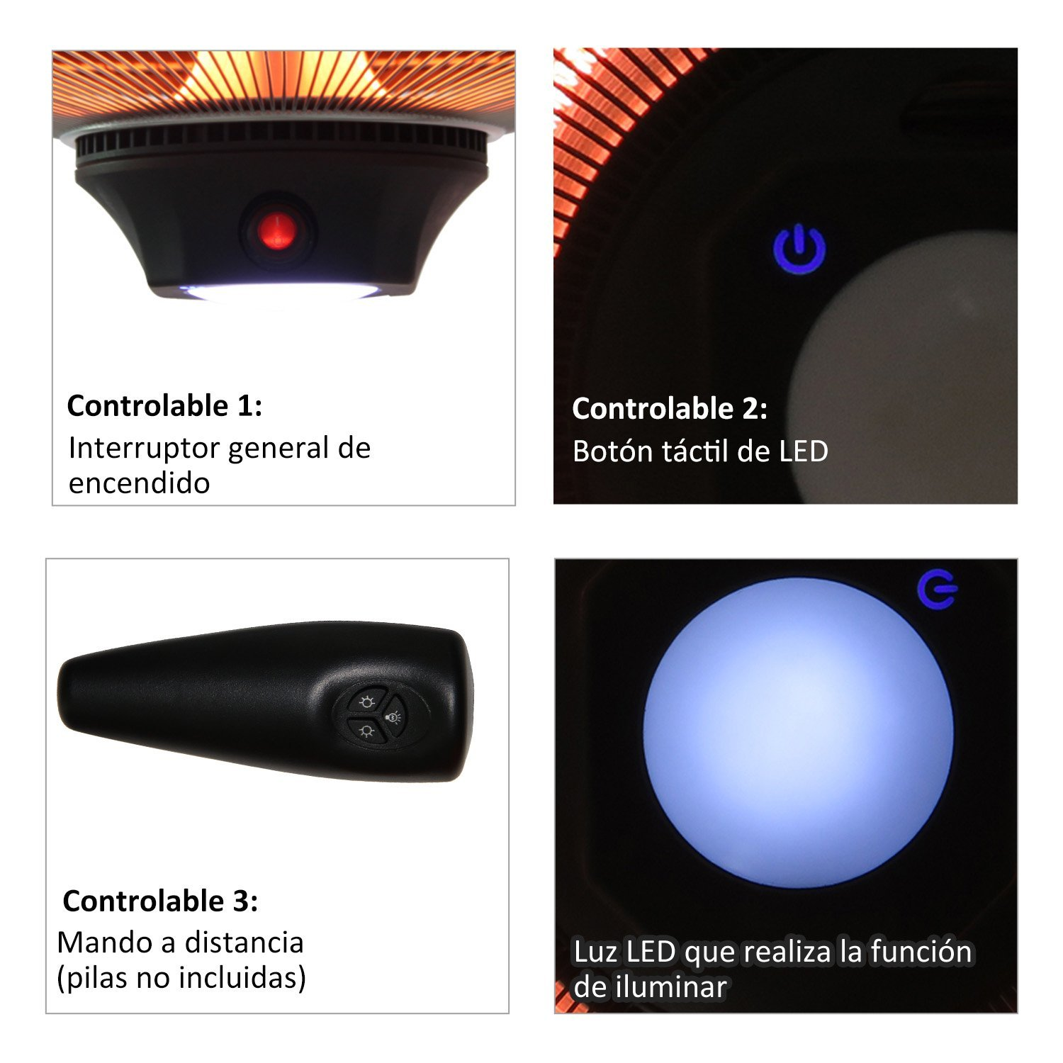 Cuatro paneles que muestran controles de un calefactor: interruptor general, botón táctil LED, mando y luz LED.