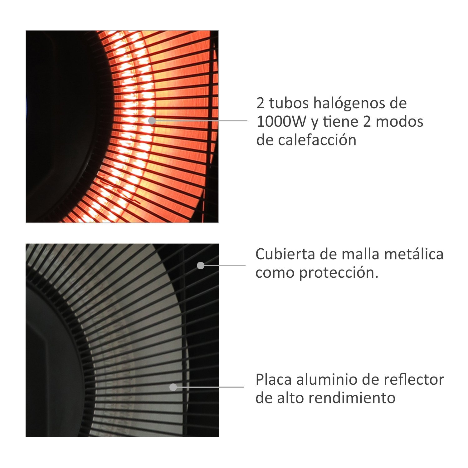 Dos tubos halógenos y una malla metálica protegen el reflector de alto rendimiento.