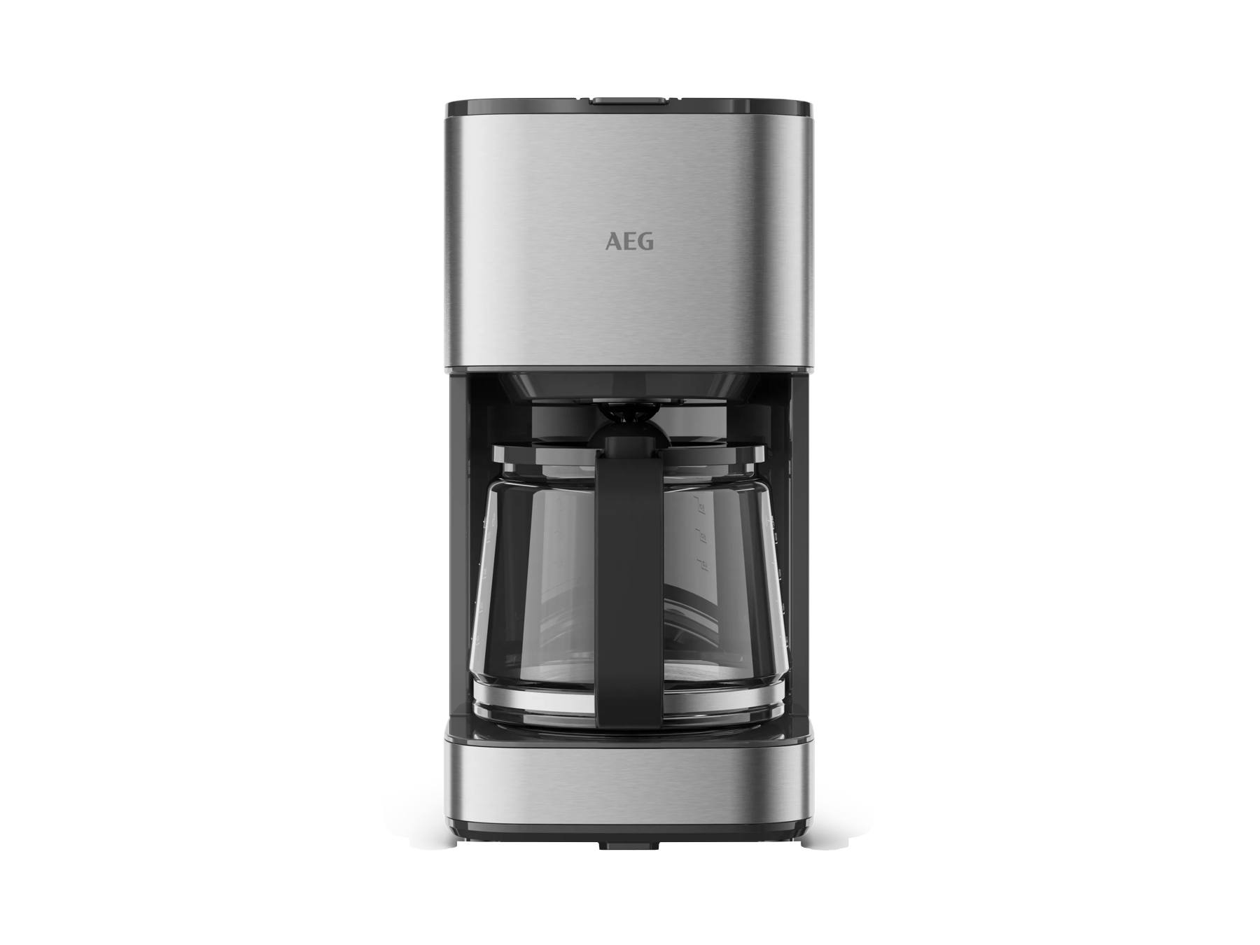 Moderna cafetera de goteo AEG de acero inoxidable y plástico negro con jarra de vidrio sobre fondo blanco.