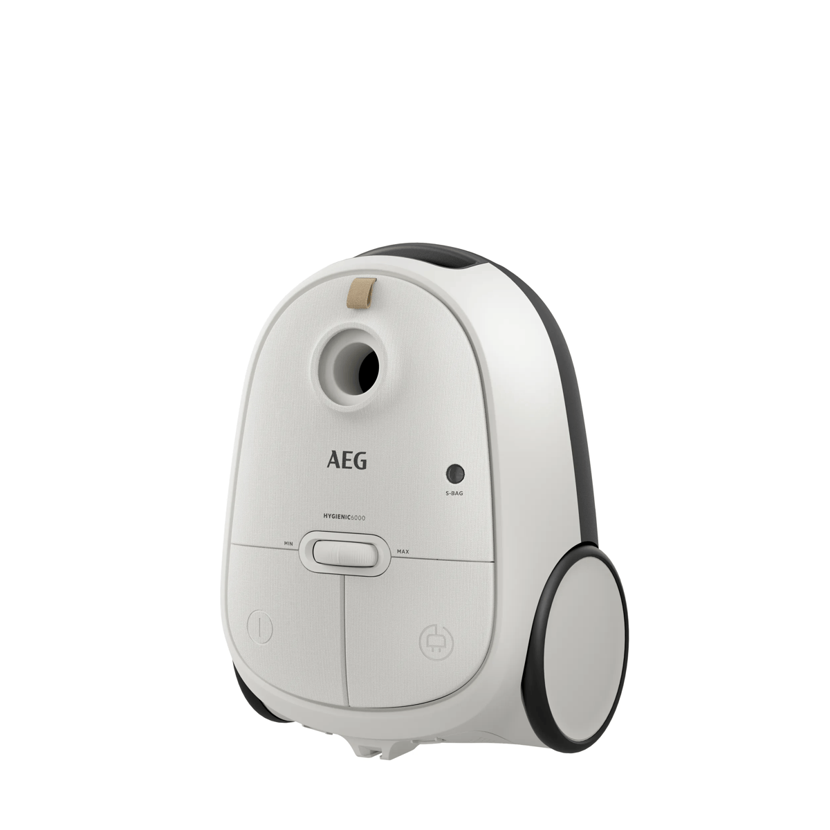 Een witte AEG sledestofzuiger met grote zwarte wielen op een witte achtergrond.