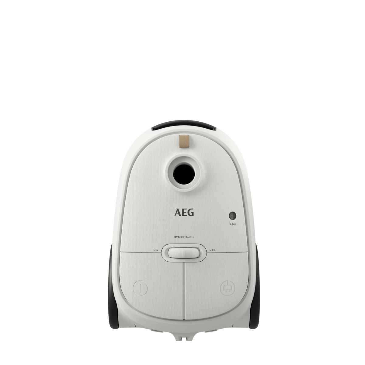 Een witte AEG Hygienic 6000 stofzuiger op een effen witte achtergrond.