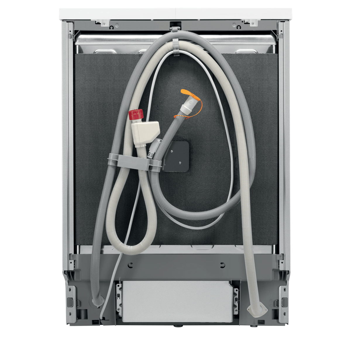 Vista posterior de un lavavajillas que muestra su carcasa gris, mangueras de agua y cable de alimentación.
