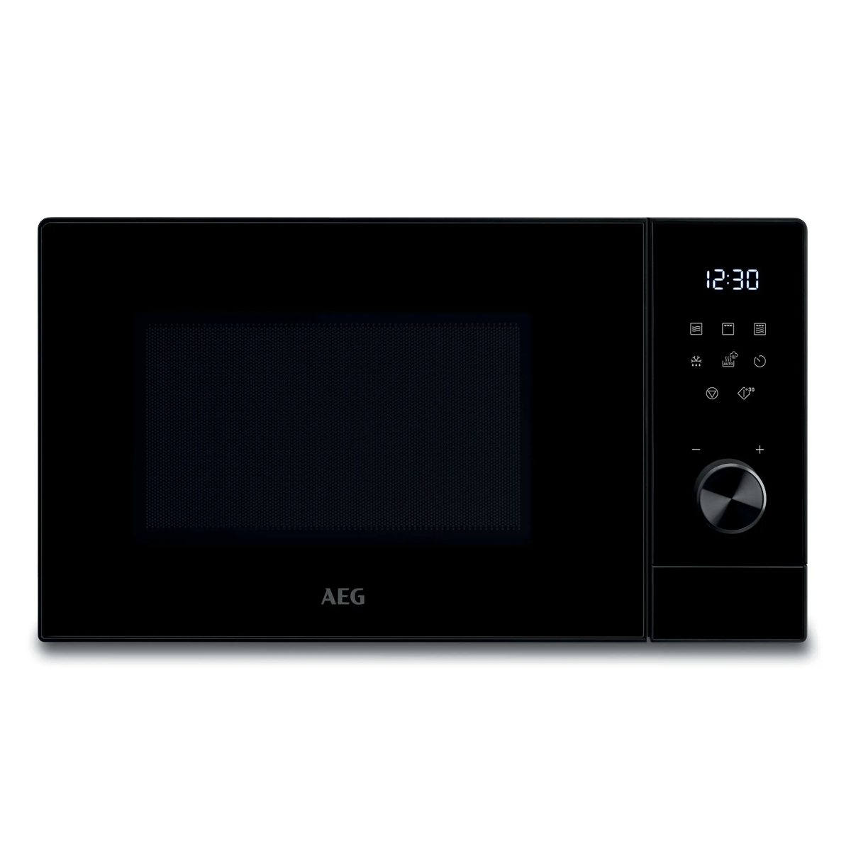 Un microondas AEG negro con reloj digital, controles táctiles y un dial a la derecha sobre un fondo blanco.