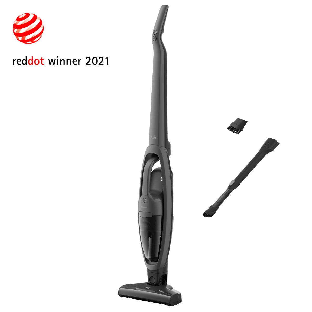 Grey cordless vacuum cleaner with accessories and red Red Dot Winner 2021 logo on white background.