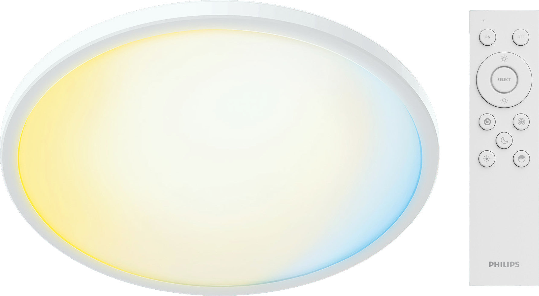 Una lámpara de techo ovalada de Philips con brillo blanco cálido y azul, junto a un control remoto blanco.