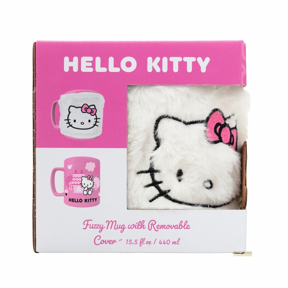 Taza peluda de Hello Kitty con funda extraíble, en caja blanca y rosa.