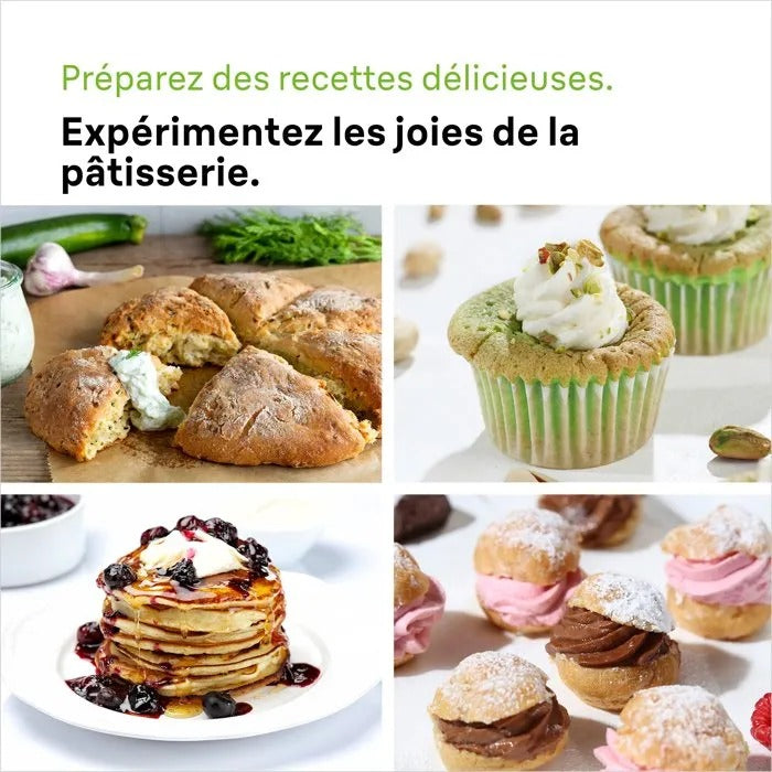 Eine Collage von Backwaren, darunter Brot, Cupcakes, Pfannkuchen mit Beeren und Windbeutel, mit französischem Text oben.