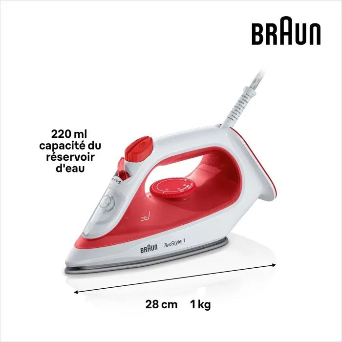 Una plancha blanca y roja Braun TexStyle 1 con tanque de agua de 220 ml, 28 cm de largo y 1 kg.