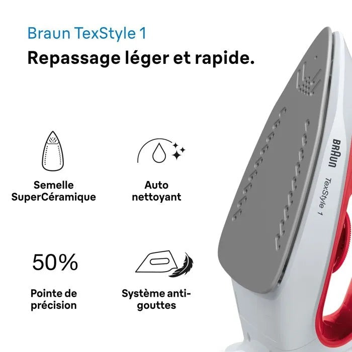 Plancha Braun TexStyle 1 con detalles rojos y cuatro iconos de características.