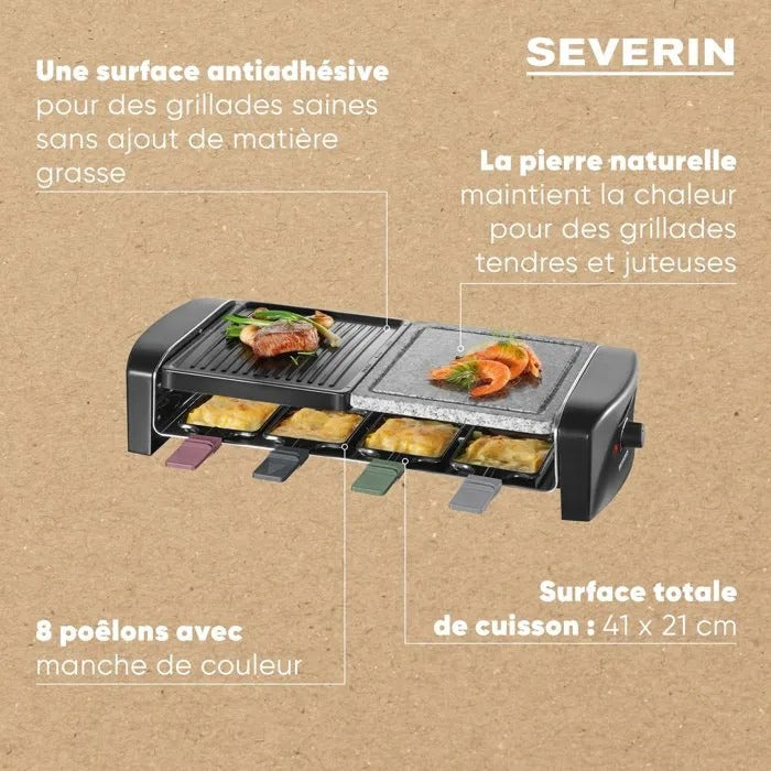 Ein Severin Raclette-Grill mit Antihaftplatte, Naturstein und 8 bunten Pfännchen beim Kochen.