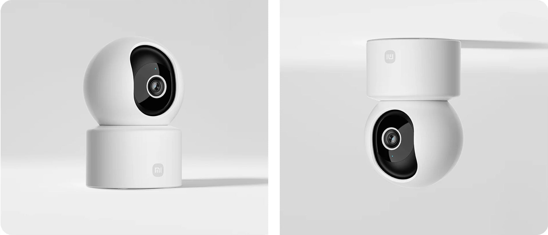 Due telecamere di sicurezza Xiaomi bianche su sfondo chiaro, una in piedi e una a soffitto.