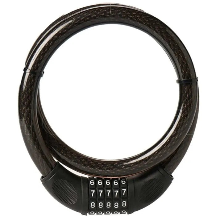 Ein schwarzes, spiralförmiges Fahrradkabelschloss mit fünfstelliger Zahlenkombination vor weißem Hintergrund.
