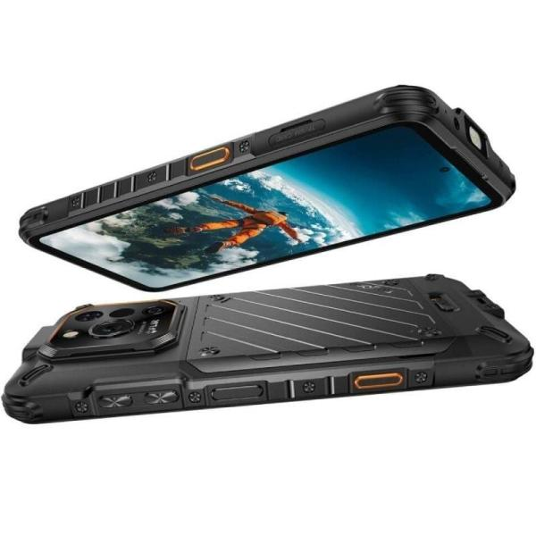 Ein robustes schwarzes Smartphone von vorne und hinten, mit Schutzrändern und orangefarbenen Akzenttasten.