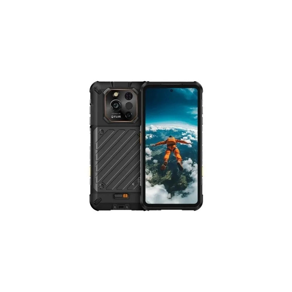 Rück- und Vorderseite eines schwarzen Smartphones mit robuster Hülle und einem Skydiving-Bild auf dem Display.