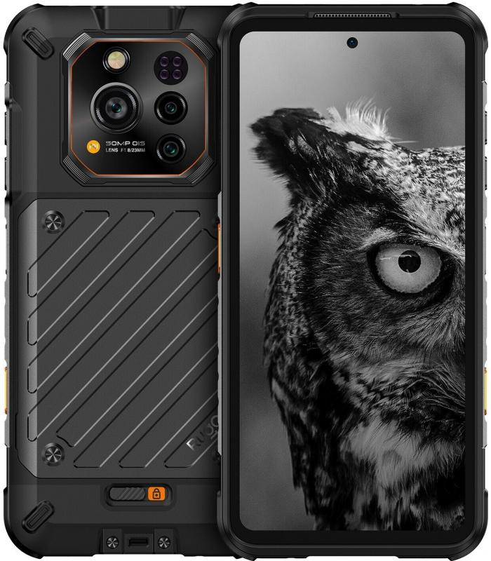 Robustes schwarzes Smartphone, Ansicht von vorne und hinten, Display zeigt Eule, Rückseite mit mehreren Kameras.