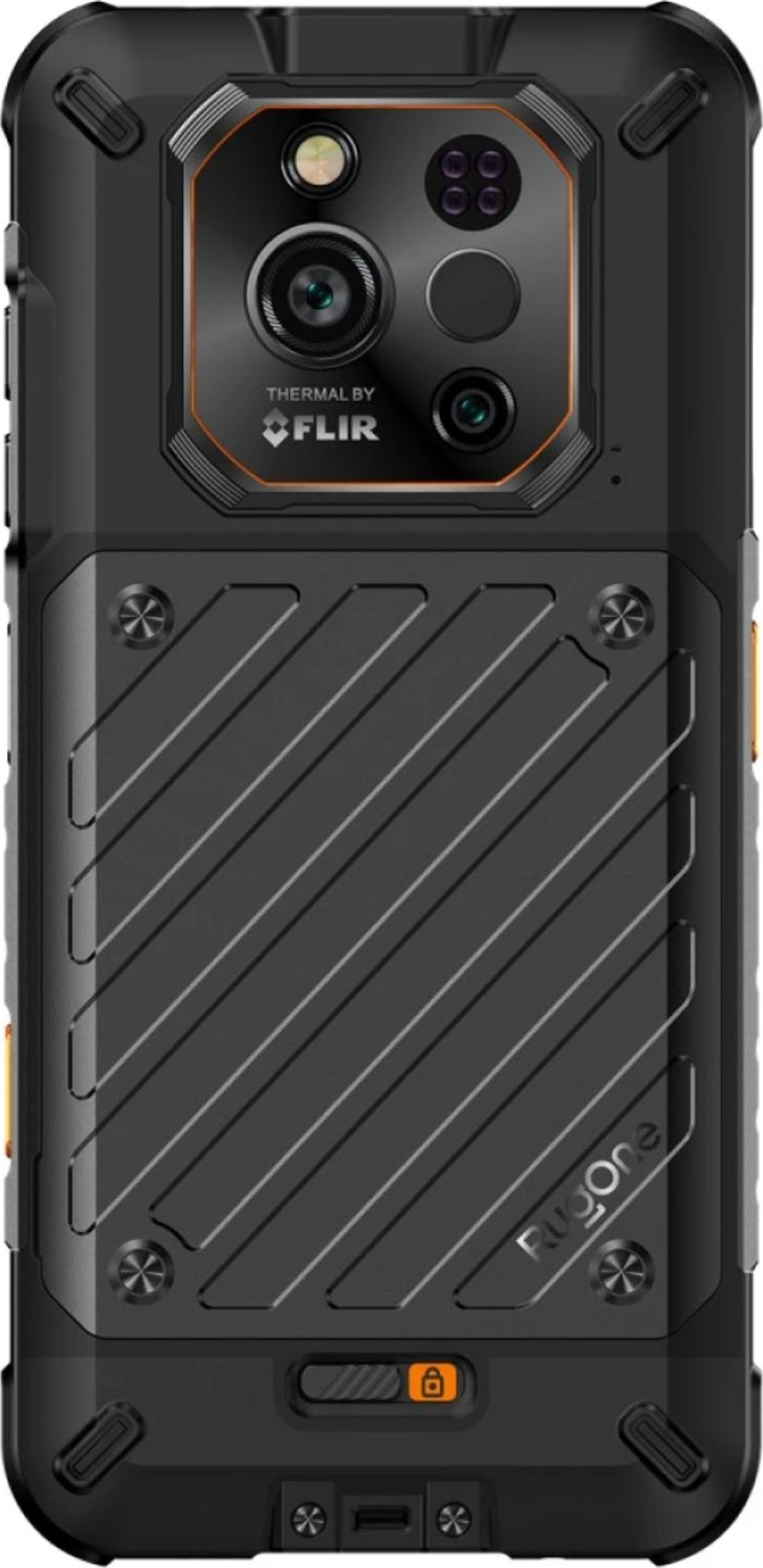 Rückseite eines schwarzen RugOne Smartphones mit FLIR-Wärmebildkamera und robustem Gehäuse.