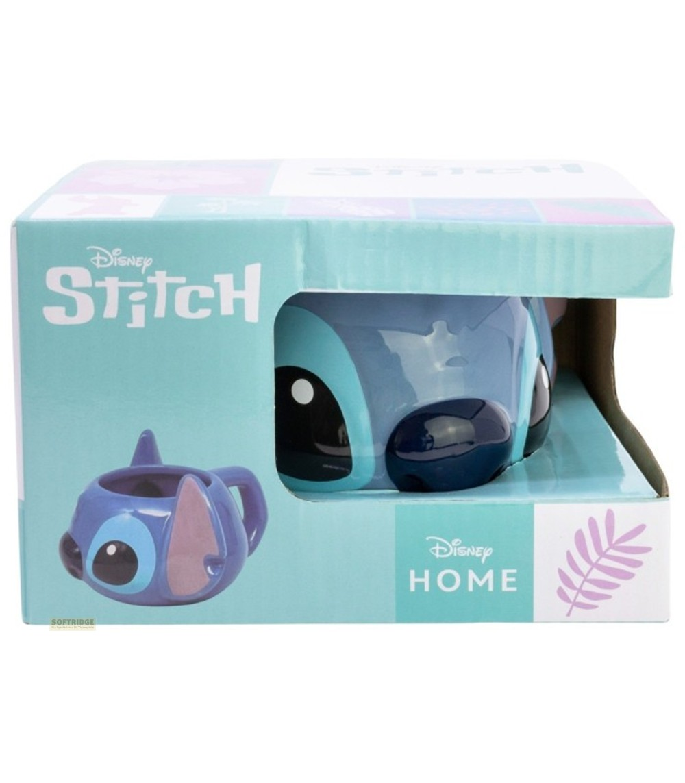 Taza azul de Disney Stitch en caja verde menta con texto e imagen.
