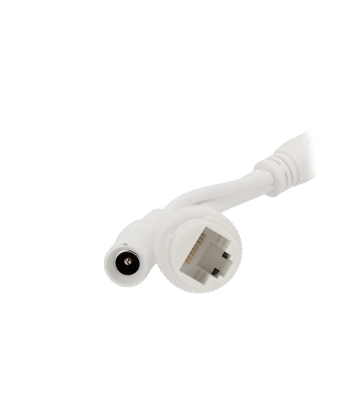 Un cable blanco con dos conectores, un puerto RJ45 y una toma de corriente, sobre fondo blanco.
