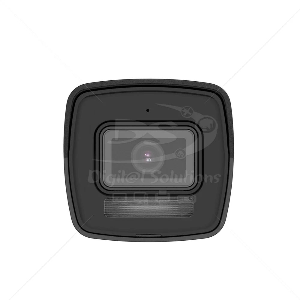 Vista frontal de una cámara de seguridad negra con lente rectangular y LED infrarrojo.