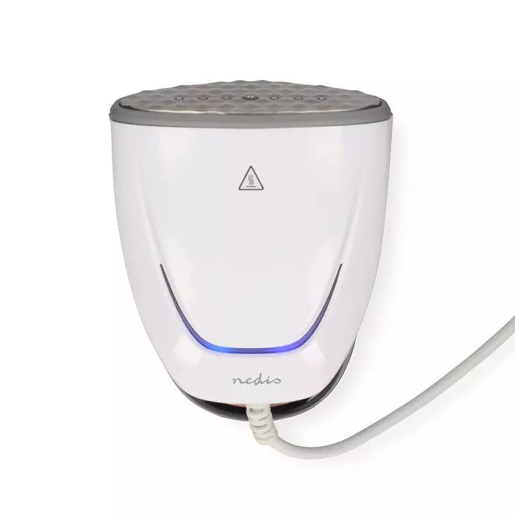 Stiratrice verticale portatile bianca con barra luminosa a LED blu e cavo di alimentazione su sfondo bianco.