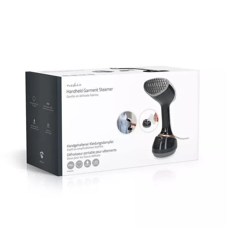 Scatola di imballaggio per un vaporizzatore per indumenti portatile nero e bianco, con immagine.