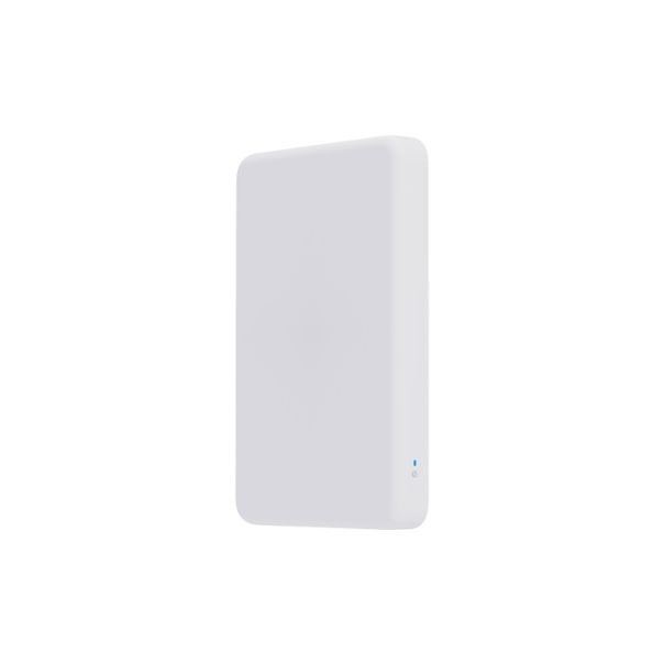 A white portable electronic device with rounded corners and a small blue LED light.