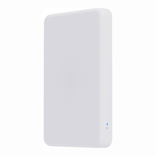 A rectangular white power bank with a small blue indicator light on the lower right side against a white background.