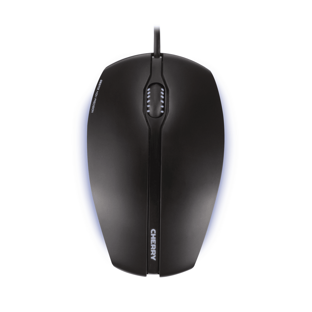 Schwarze Cherry Computer-Maus mit Kabel, Scrollrad und blauer Beleuchtung vor weißem Hintergrund.