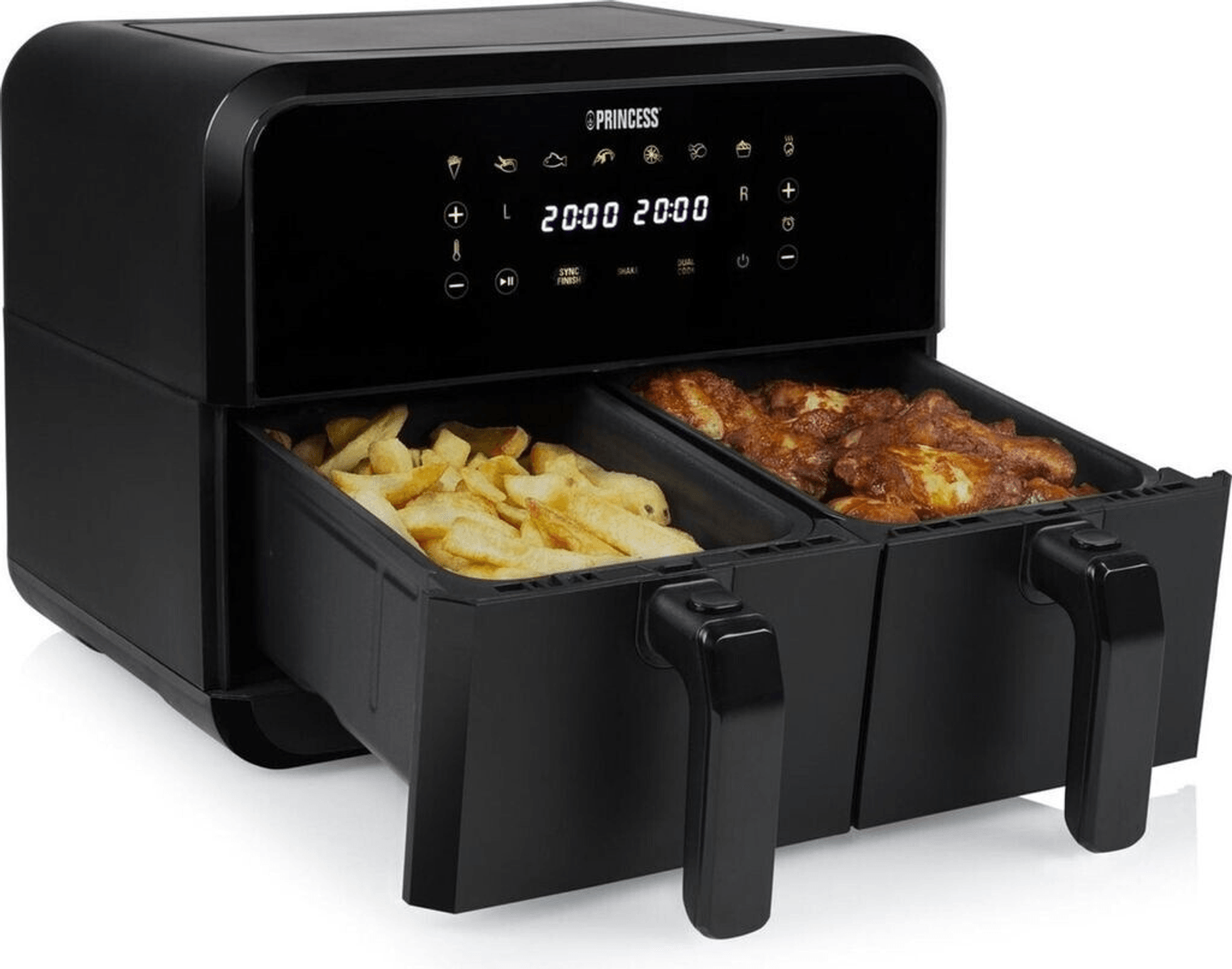 Freidora de aire negra de doble cesta con dos cajones abiertos, uno con patatas fritas y otro con alitas de pollo.